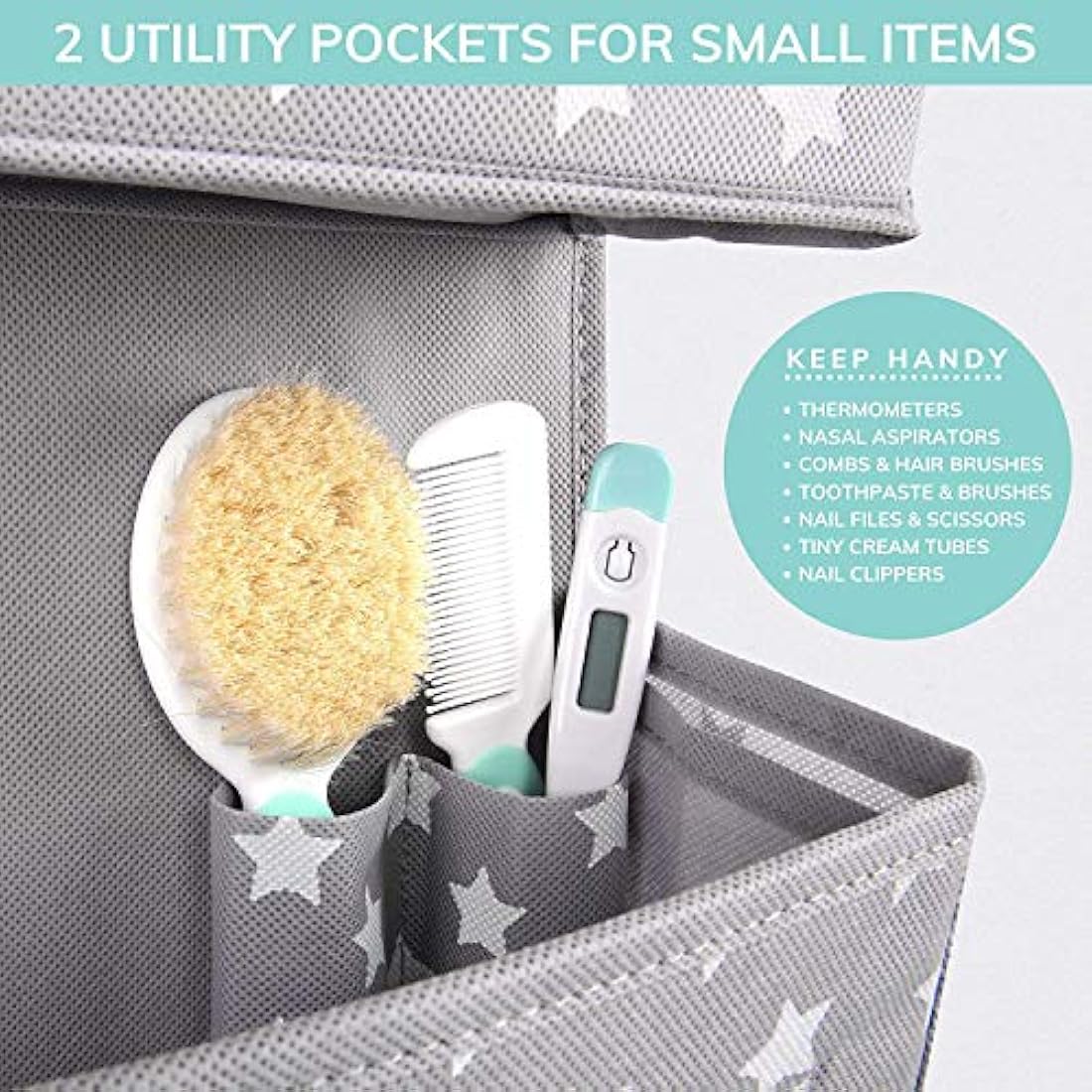 Vesta Baby Over Door Hanging Organiser with Hooks - Unisex Space Saving 4 Pocket Storage for Bathroom, Children's Room, Nursery - Clear Window Caddy Hanger - 2 Small Items Utility Pockets