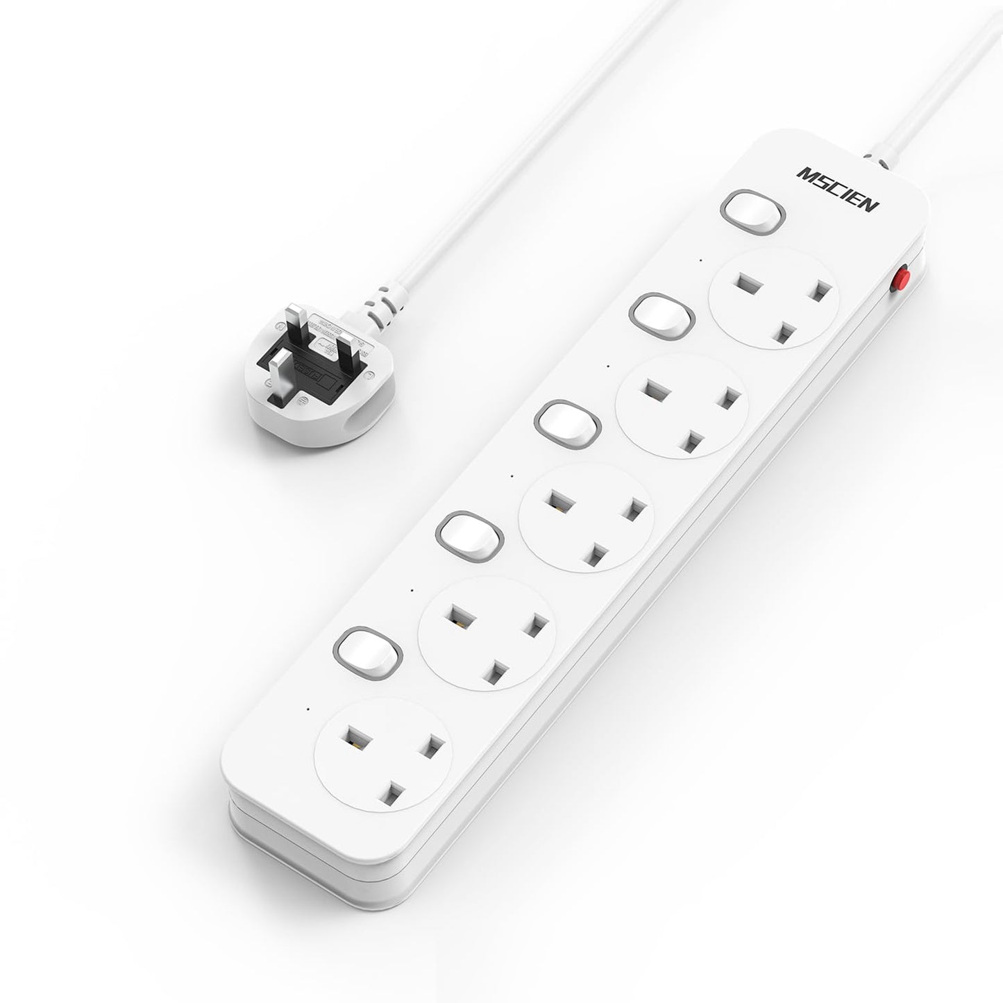 Mscien Extension Lead 1M 5 Way Plug Sockets with Individual Switches, Overload/Surge Protection Wall Mountable Power Strip 1 metre Extension Cable