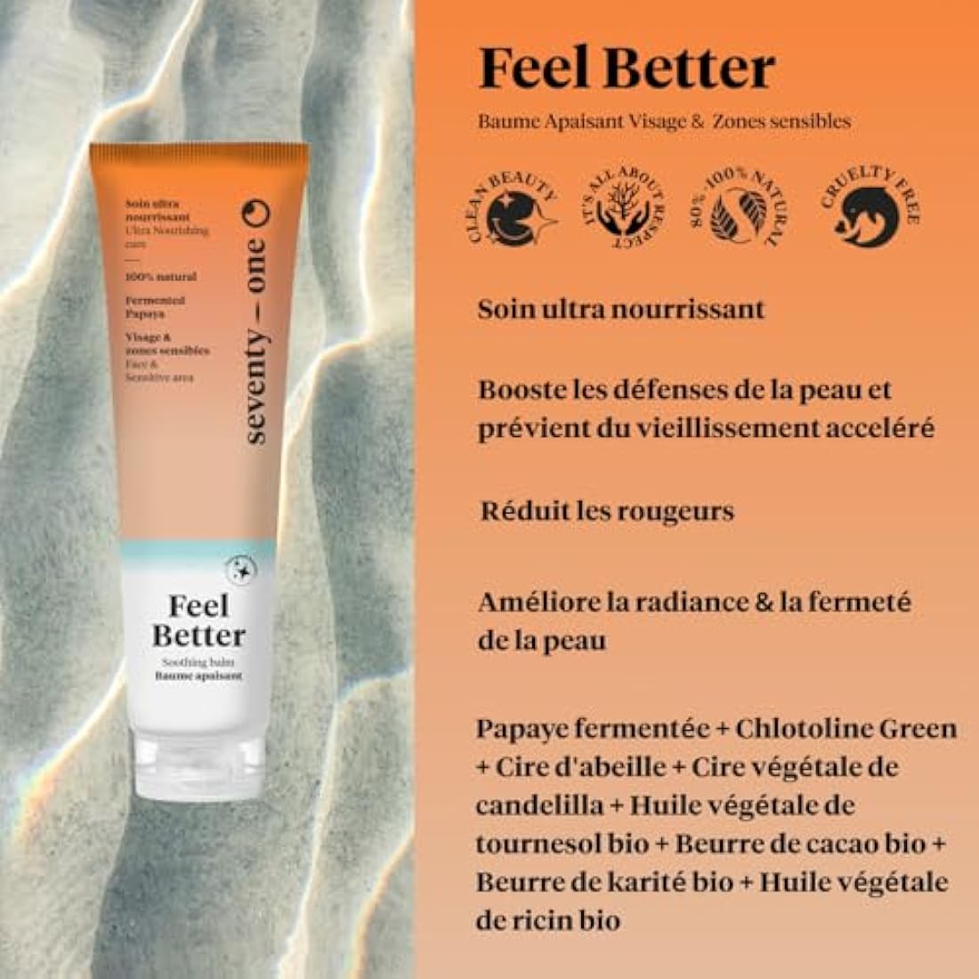 SeventyOne Percent | Feel Better | Face Care & Sensitive Areas | Soothing Balm | Ultra Nourishing | Ideal as After Sun or Night Care | Fermented Papaya | 100% Natural - Made in France | 40 ml