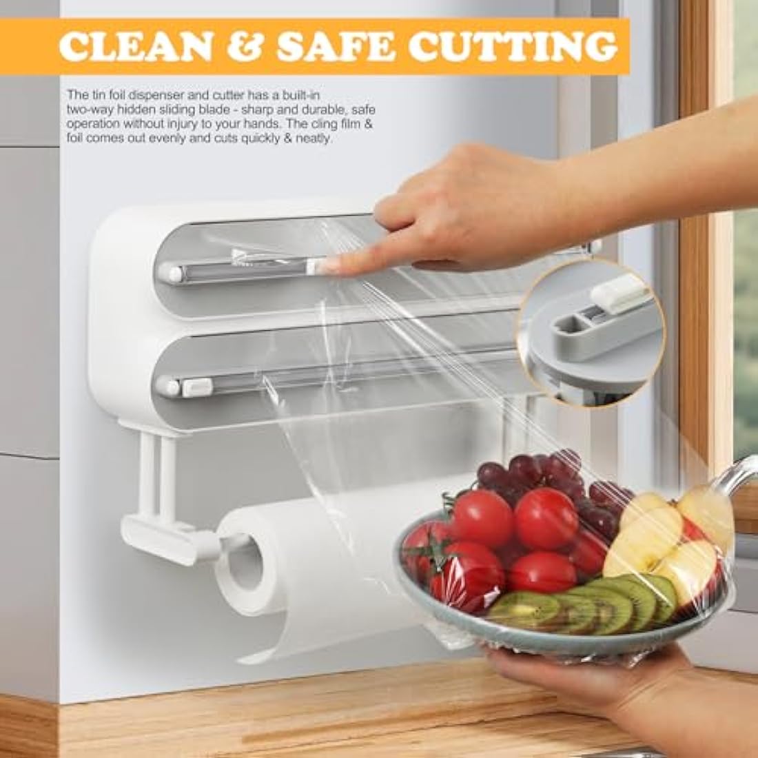 Magnetic Cling Film Dispenser and Cutter - Upgraded 3-in-1 Wall-Mounted Kitchen Roll Holder, Quasziwa Refillable Aluminium Foil Dispenser with Paper Towel Holder - Includes 1x50m Clingfilm Roll, White