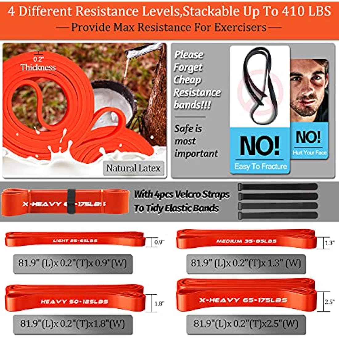 DASKING Resistance Bands Set with 75cm Detachable Exercise Bar, 4 Different Level Pull Up Bands - Fitness Workout Bars Kit for Strength Training, Pilates, Yoga - Home Gym Sports System Equipment