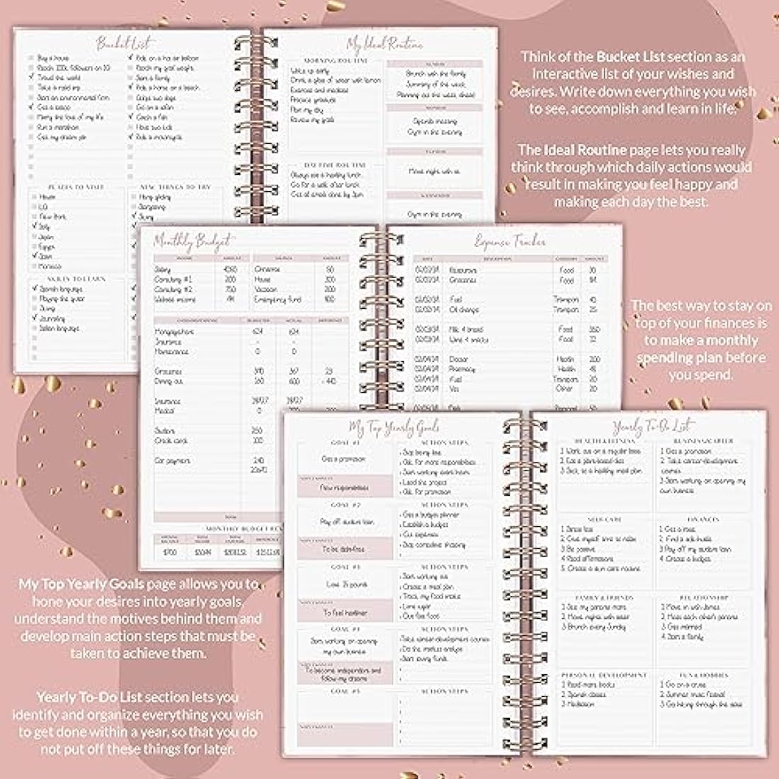 PLANBERRY Weekly Planner – Elegant Life & Budget Planner to Hit Your Goals & Live Happier – Organizer & Productivity Journal – 17.5 x 21.5cm Hardcover, Undated + Stickers (Rose Gold)