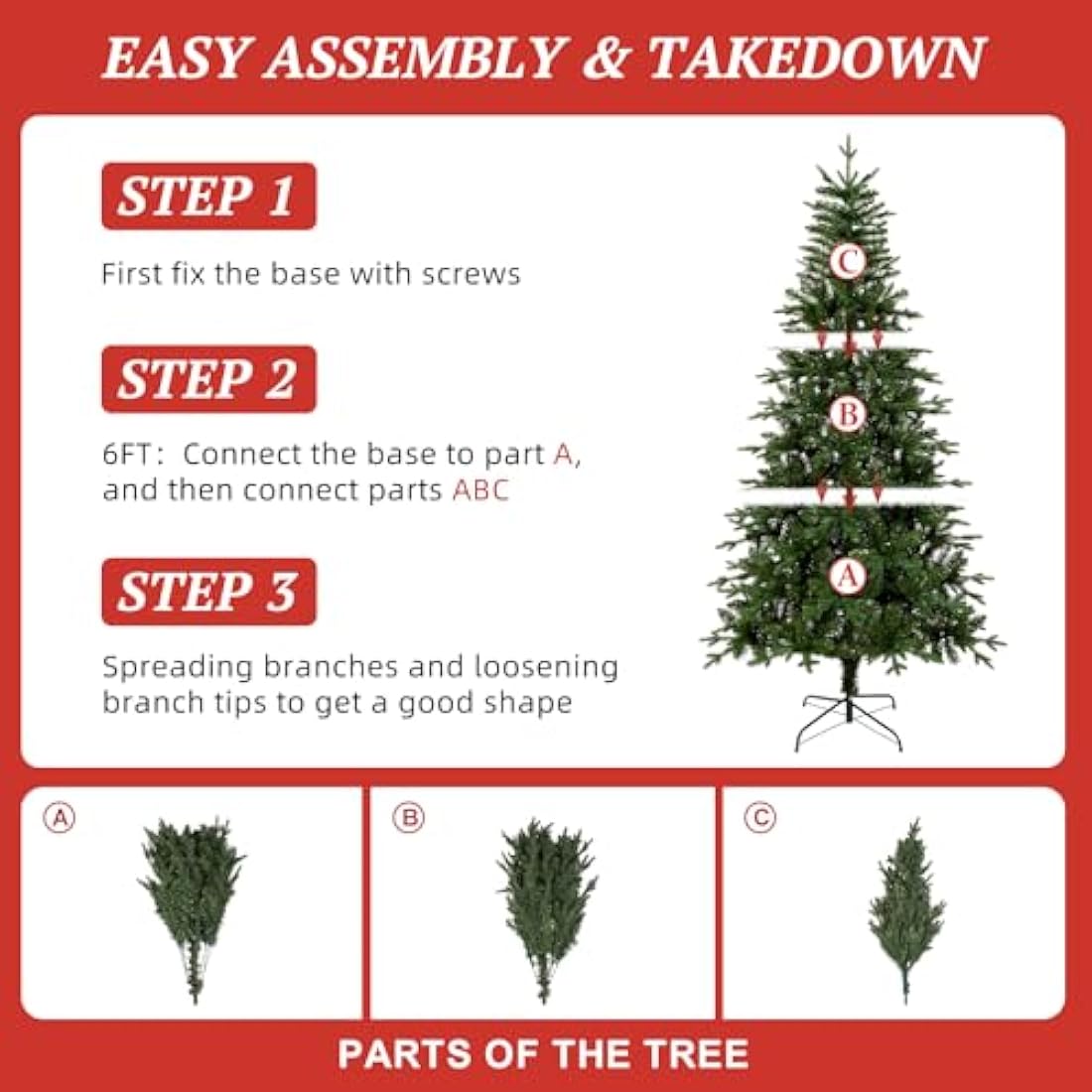 Uten 6ft Artificial Christmas Tree, with Realistic PE Leaves Artificial Indoor Home Xmas Tree Decoration, 628 Natural Looking PE & PVC Tips, Hinged Branches, Metal Stand, 2 Styles Branches, Reusable