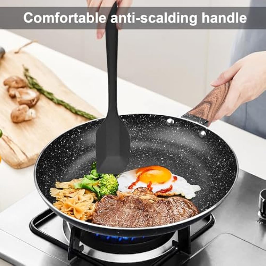 Non Stick Frying Pan 24cm with Heat-Resistant Soft Bakelite Handle, Granite Induction Frying Pan for Induction, Electric and Gas Hobs, Omelette Pan Less Oil Fumes (Black)