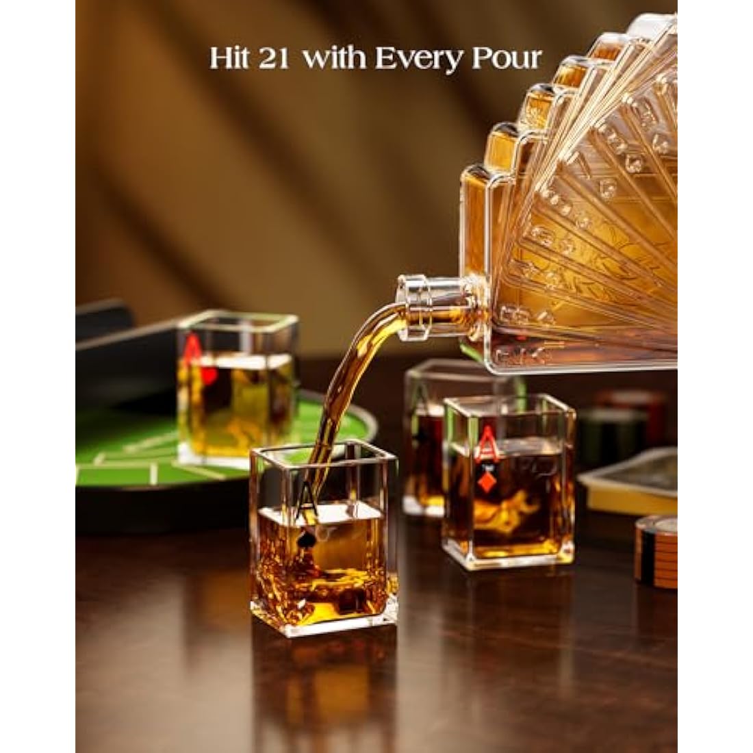 Kollea Blackjack Whiskey Decanter Set, 37.2 Oz Whiskey Decanter with 4 Glasses, Casino Style Decanter for Liquor, Christmas Birthday Gifts for Men, Dad, Boyfriend, Blackjack Game Night Essentials