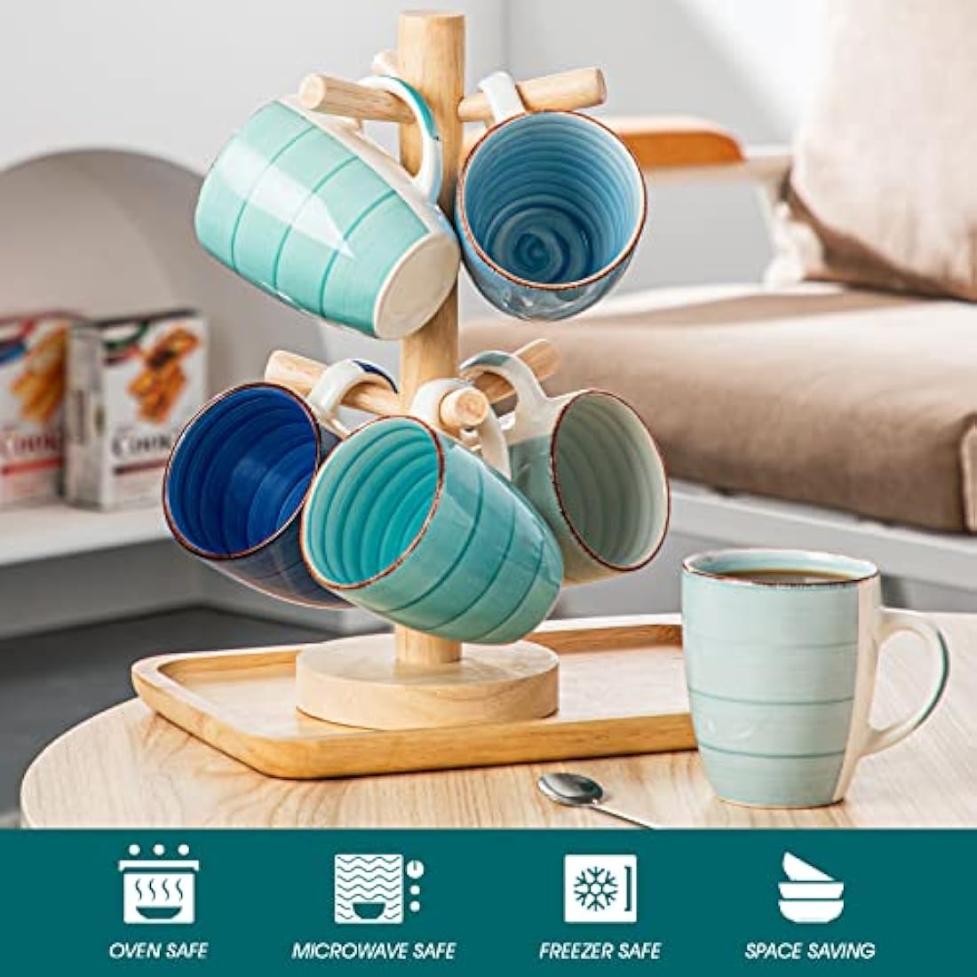 vancasso Bonita Mugs Set of 6, 360ml Stoneware Coffee Cup and Mug, Microwave & Dishwasher Safe Tea Cups, Large Mugs for Hot Drinks, Cool Color