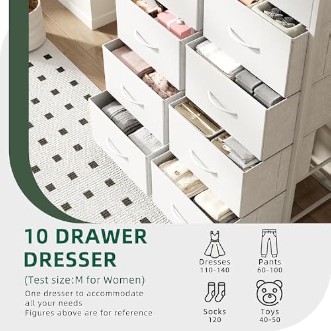CAIYUN Chest of Drawers Bedroom with 10 Drawers, Tall Fabric Storage Organizer Clearance with Wood Top and Large Storage Space, for Bedroom, Living room, Entryway, Tv Stand, Closet, White