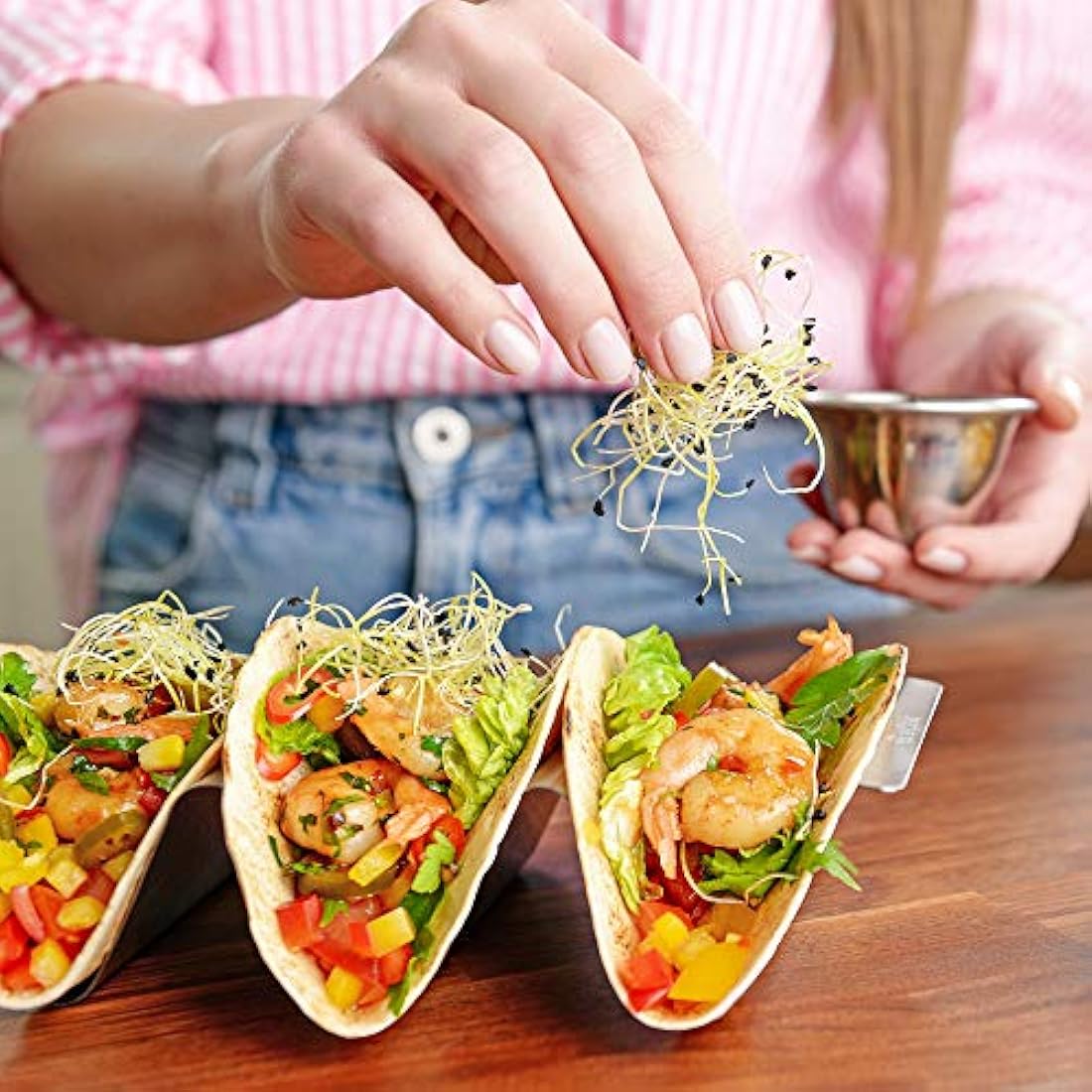 Uno Casa Taco Holders Set of 6 - Metal Holder for Taco Shells - Durable Stand for U-Shaped Rack - Perfect for Serving, Baking, and Grilling - Includes Recipe Book for Delicious Mexican Creations