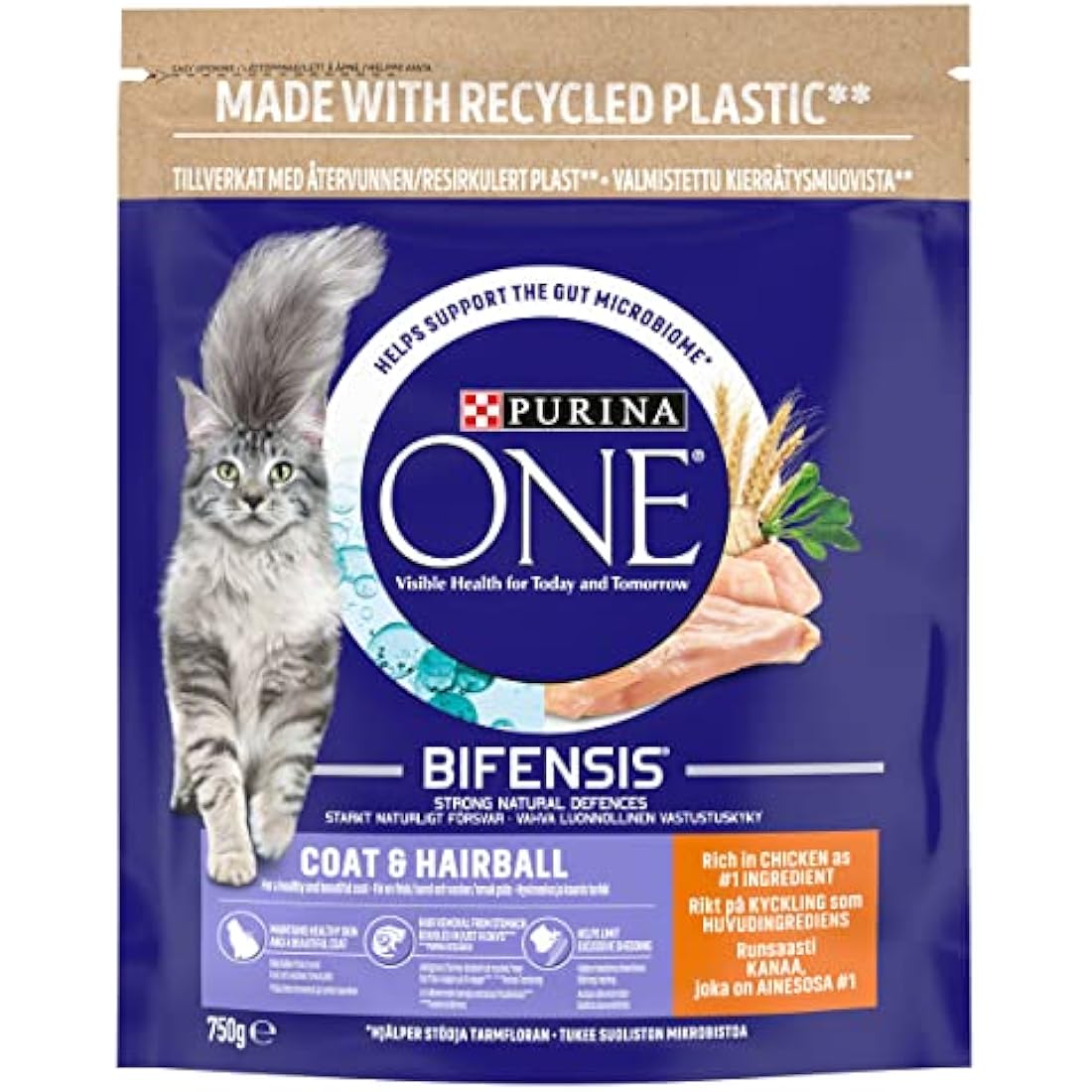 PURINA ONE Coat and Hairball Chicken Dry Cat Food 750g (Pack of 4)