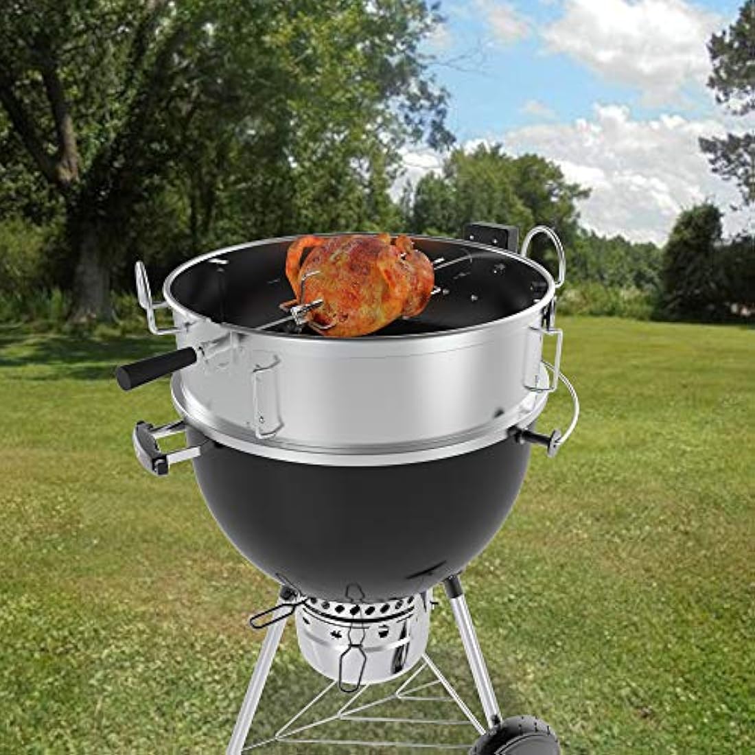 Onlyfire Stainless Steel Pizza Ring Kit with Rotisserie,pizza stone and shovel, Multifunctional BBQ Kit, for Roasting Chicken and Cooking Pizza, fits Most 57CM Charcoal Kettle Grills