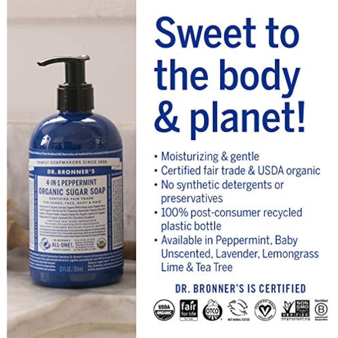 Dr Bronner’s 4-in-1 Organic Peppermint Soap, Made with Organic Oils and Shikakai Powder, For Hands, Body, Face & Hair, Fair Trade Certified & Vegan Friendly, 335ml Recycled Pump Bottle