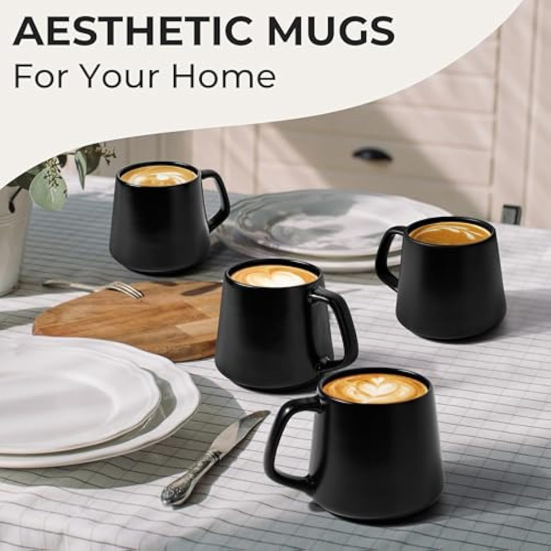 MIAMIO - Coffee Mugs Set of 4 / Large Ceramic Coffee Cups (420 ml) - Mug for Cappuccino, Tea, Espresso - Microwave and Dishwasher Safe - Luxe Collection (Black)