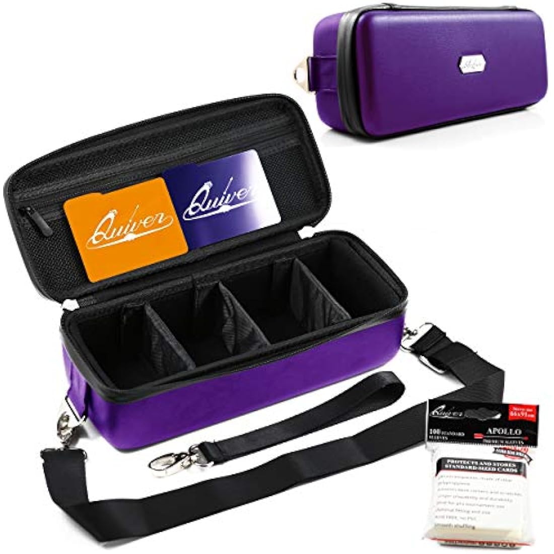 Quiver Time Purple Bolt Card Carrying Case fits PM Cards and other TCG Games - Storage Bag for Playing/Trading Cards and Deck Box (Straps, Dividers & 100 Apollo Card Sleeves)