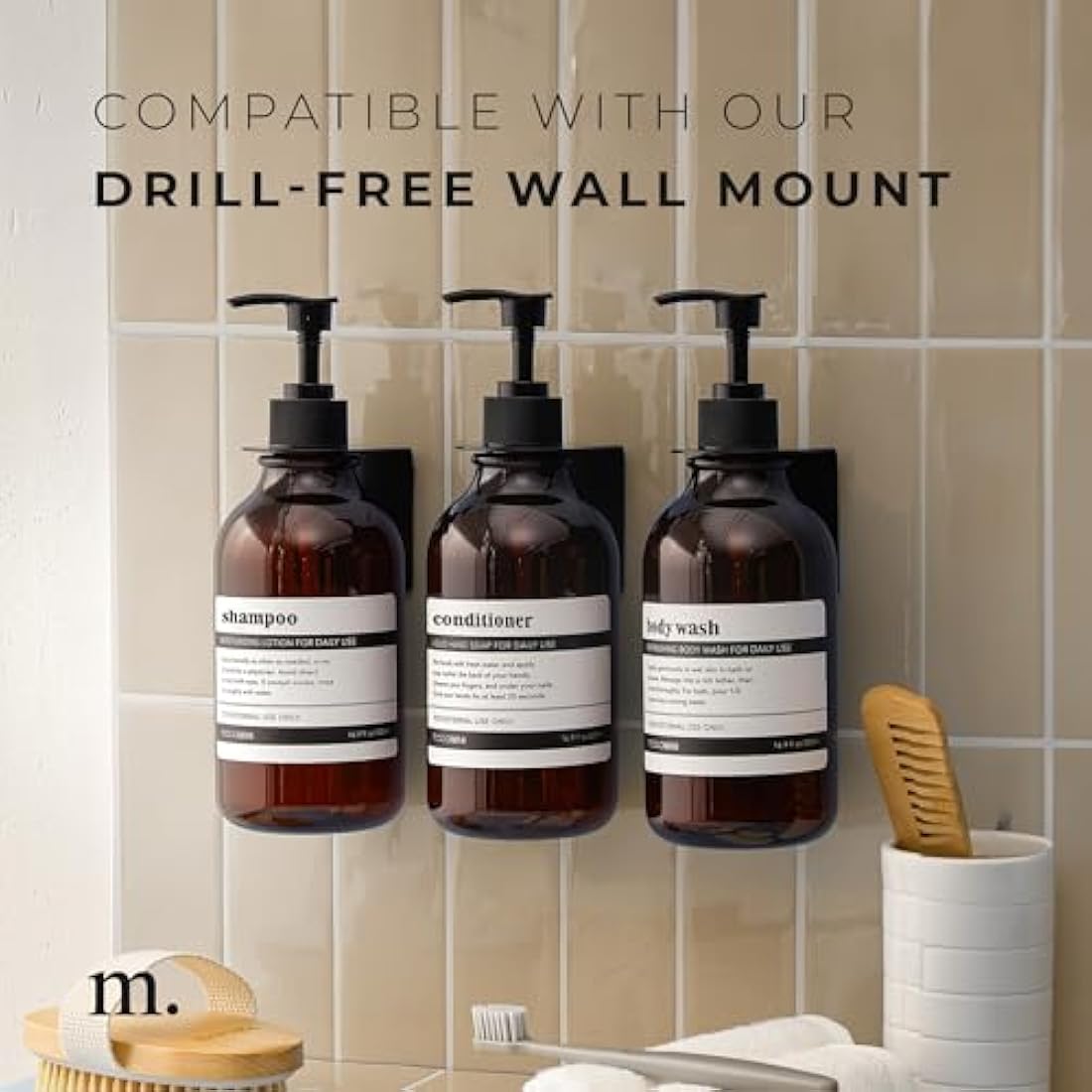 MaisoNovo Refillable Shampoo and Conditioner Bottles - Set of 3, 500ml Amber Plastic Bottle and Black Pump - Shampoo and Conditioner Bottles with Labels - Shower Gel Dispenser