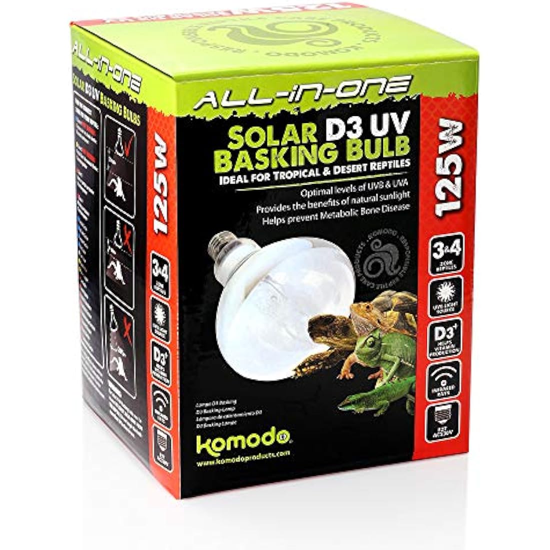 Komodo Solar D3 UV Basking Bulb Heat and Light Bulb for Desert & Tropical Reptile Habitats, Terrarium & Vivarium Lighting 125W