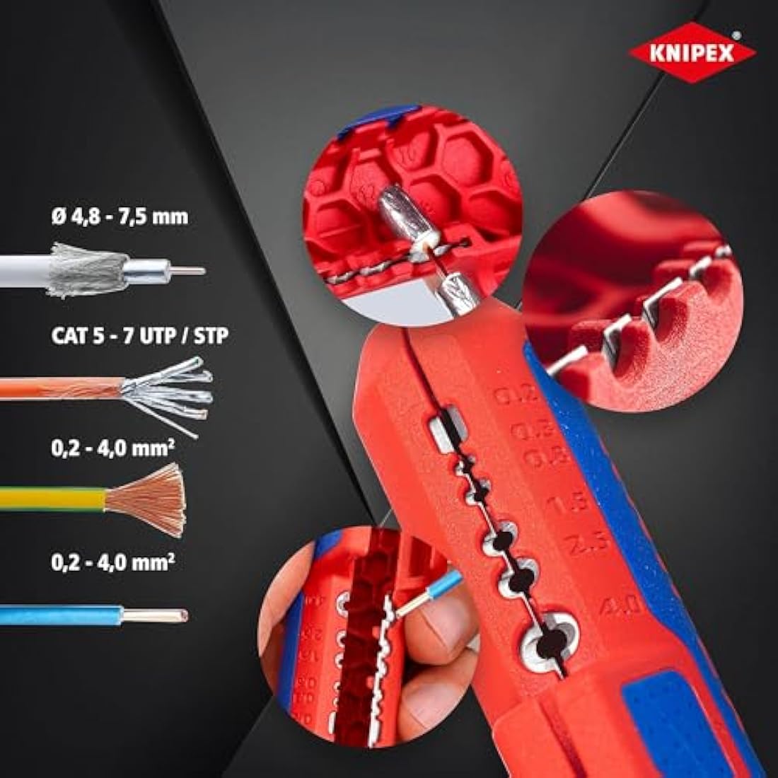 KNIPEX Ergostrip Universal Stripping Tool for Right-Handers, 135 mm, Round Cable, Coax Cables, Data Cables, Wire Stripper, 16 95 01 SB