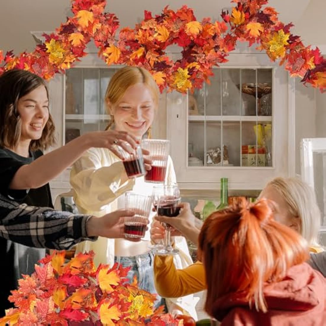 TENQUAN 2 Pack Artificial Autumn Maple Leaves, 5.7 FT Autumn Garland Decoration Fall Hanging Plant Leaves 175cm/Piece Halloween Thanksgiving Party Decor for Home Wall Garden Rireplace Stair (Red)