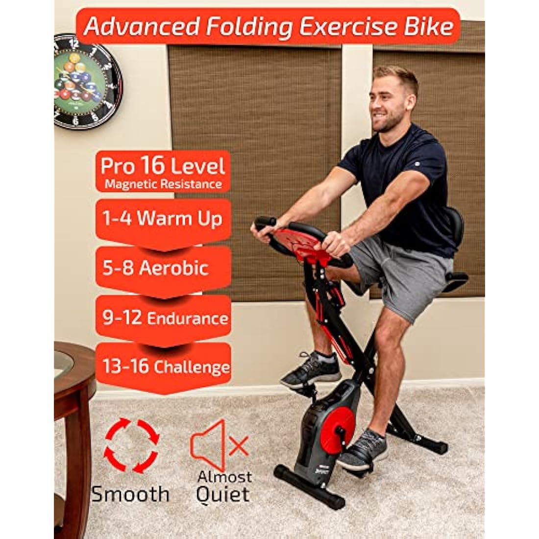 YYFITT Foldable Fitness Exercise Bike with Resistance Bands, 16 Magnetic Resistance Levels with Pulse Sensor, Phone/Tablet Holder with Smooth and Quiet Cycling