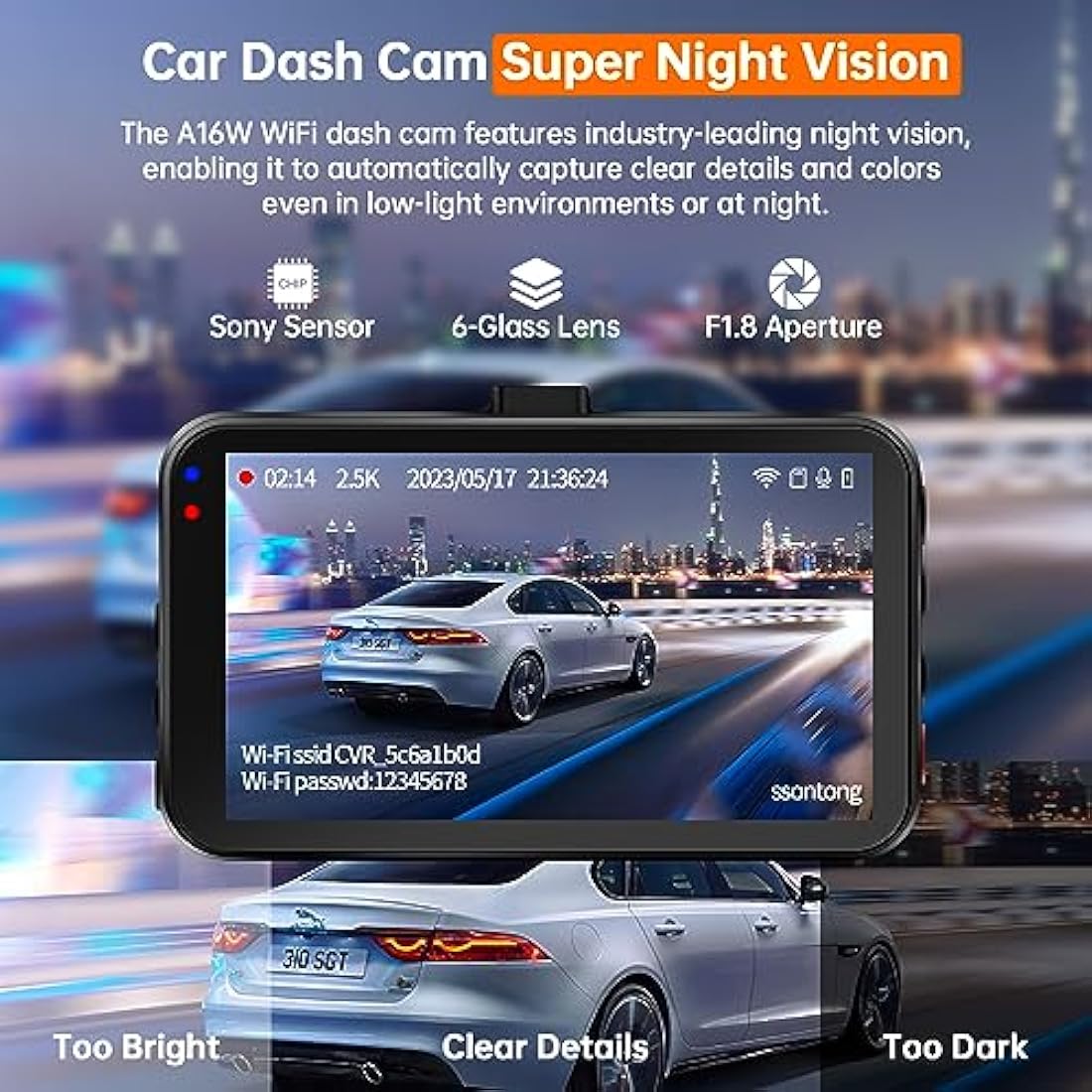 Dash Cam WiFi, Car Camera Dash Cam with 128GB Card Dashcam 2.5K QHD 1440P Dashcam Front, Dash Cameras W/APP, Night Vision, 170° Wide Angle, G-sensor, Parking Monitor for Cars, Max Support 256G