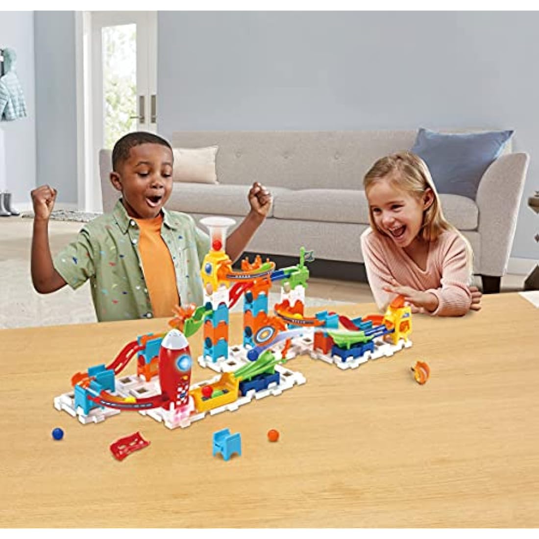 VTech Marble Rush Launch Pad, Construction Toys for Kids with 10 Marbles and 75 Building Pieces, Electronic Track Set for Boys & Girls, Colour-Coded Building Toy with Sound, 4 Years +, English Version