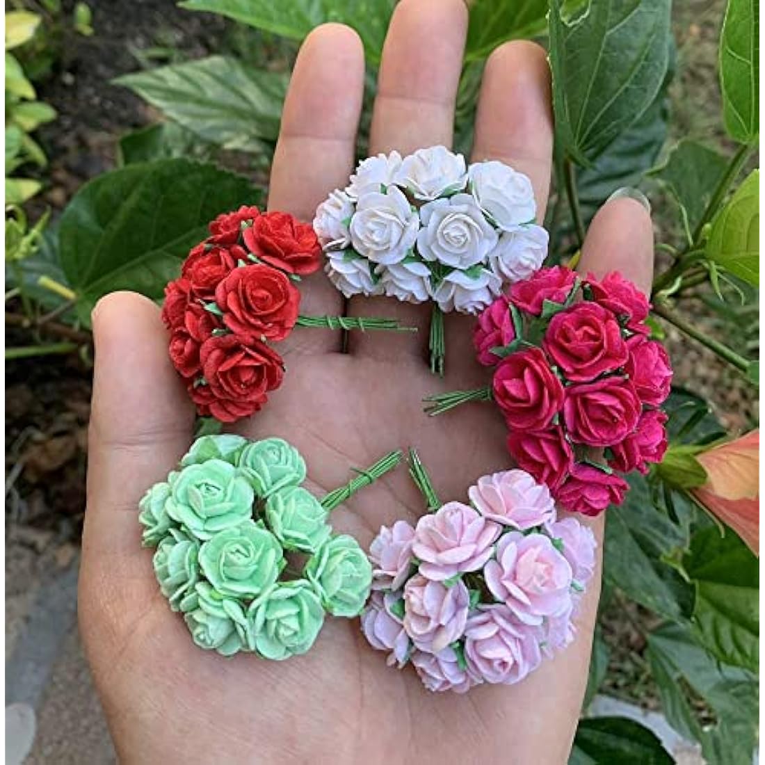 WADSUWAN SHOP 100 Pcs Artificial Mulberry Paper Rose Flower Wedding Scrapbook 1.8cm DIY Craft Scrapbook Scrapbooking Bouquet Craft Stem Mini Roses (10 Colors)