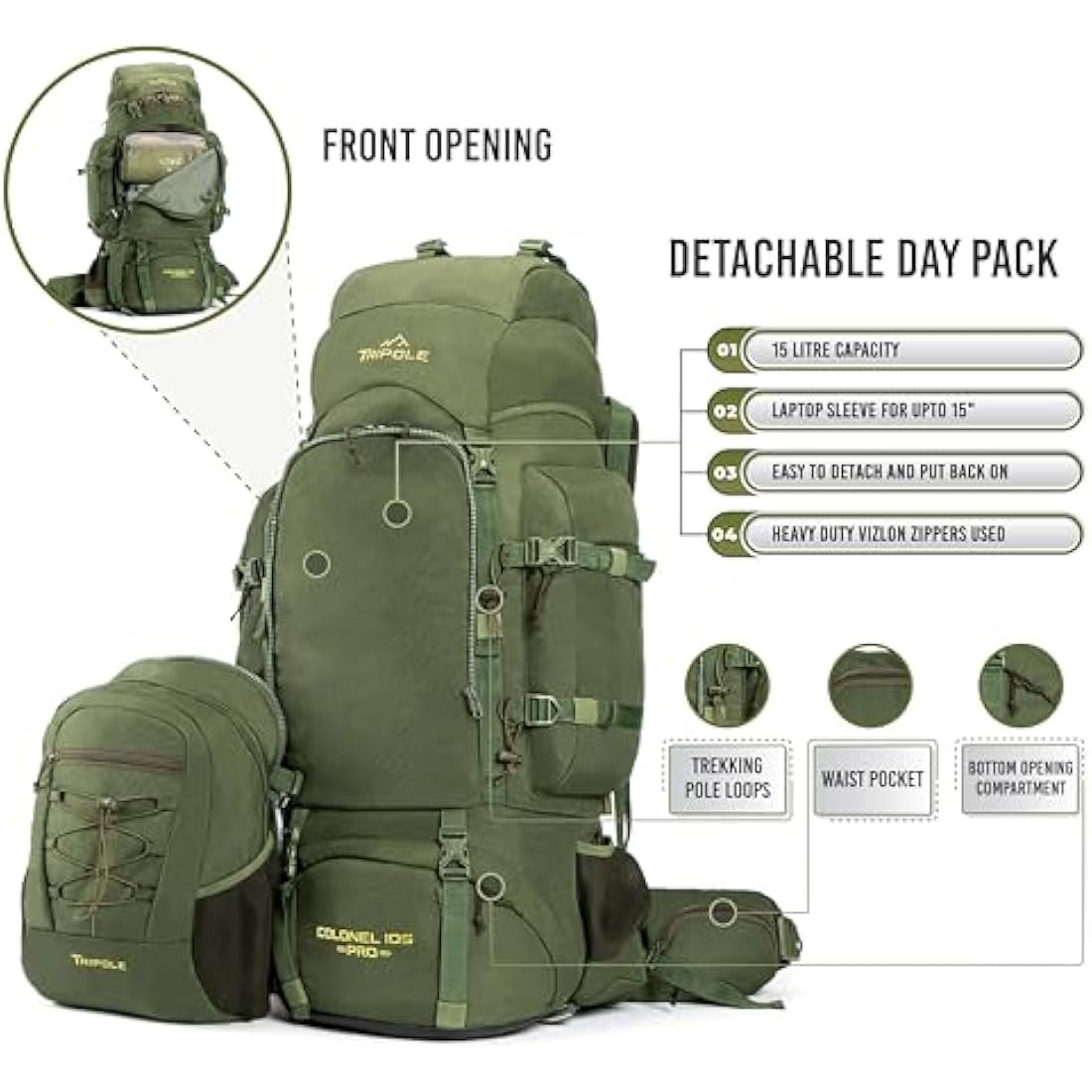Tripole Colonel Pro Metal Frame Rucksack | Front Opening | Detachable Bag | Rain Cover (105 Litres, Army Green)