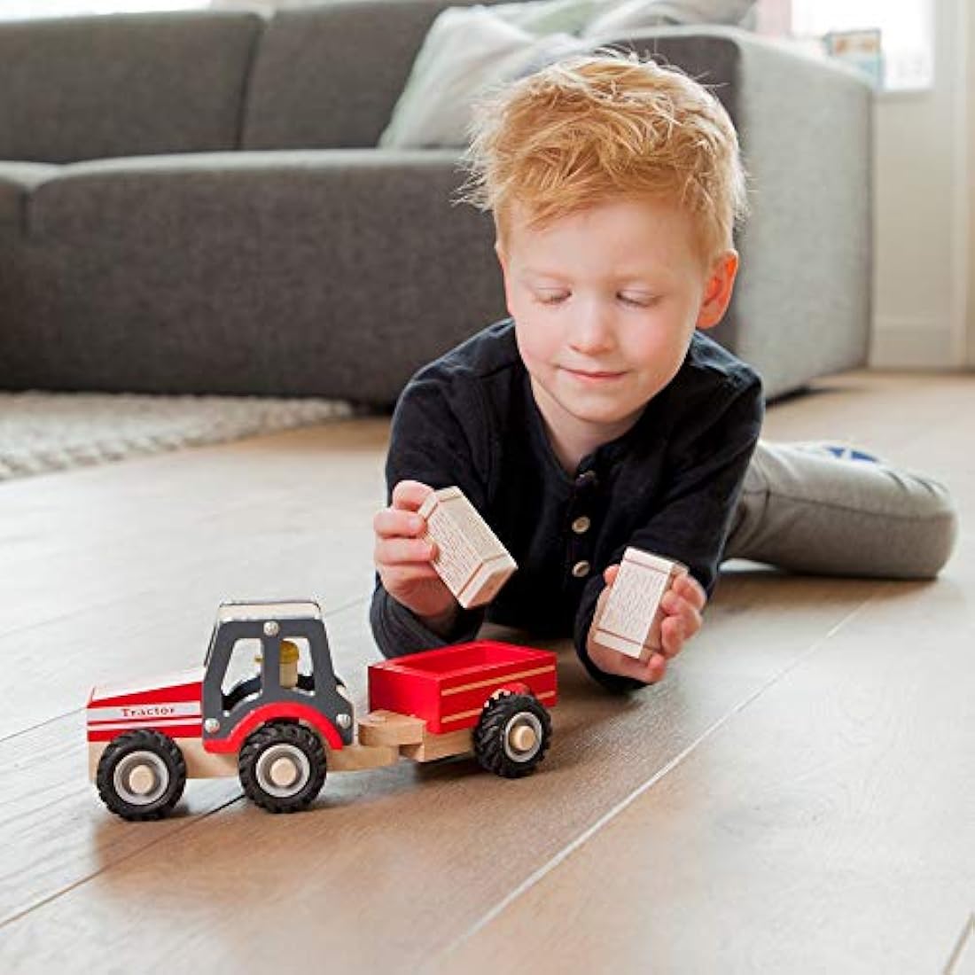 New Classic Toys Wooden Tractor with Hay Stacks for Toddlers 18+ Months Educational Toys for Preschool Age Toddlers Boys Girls, Red