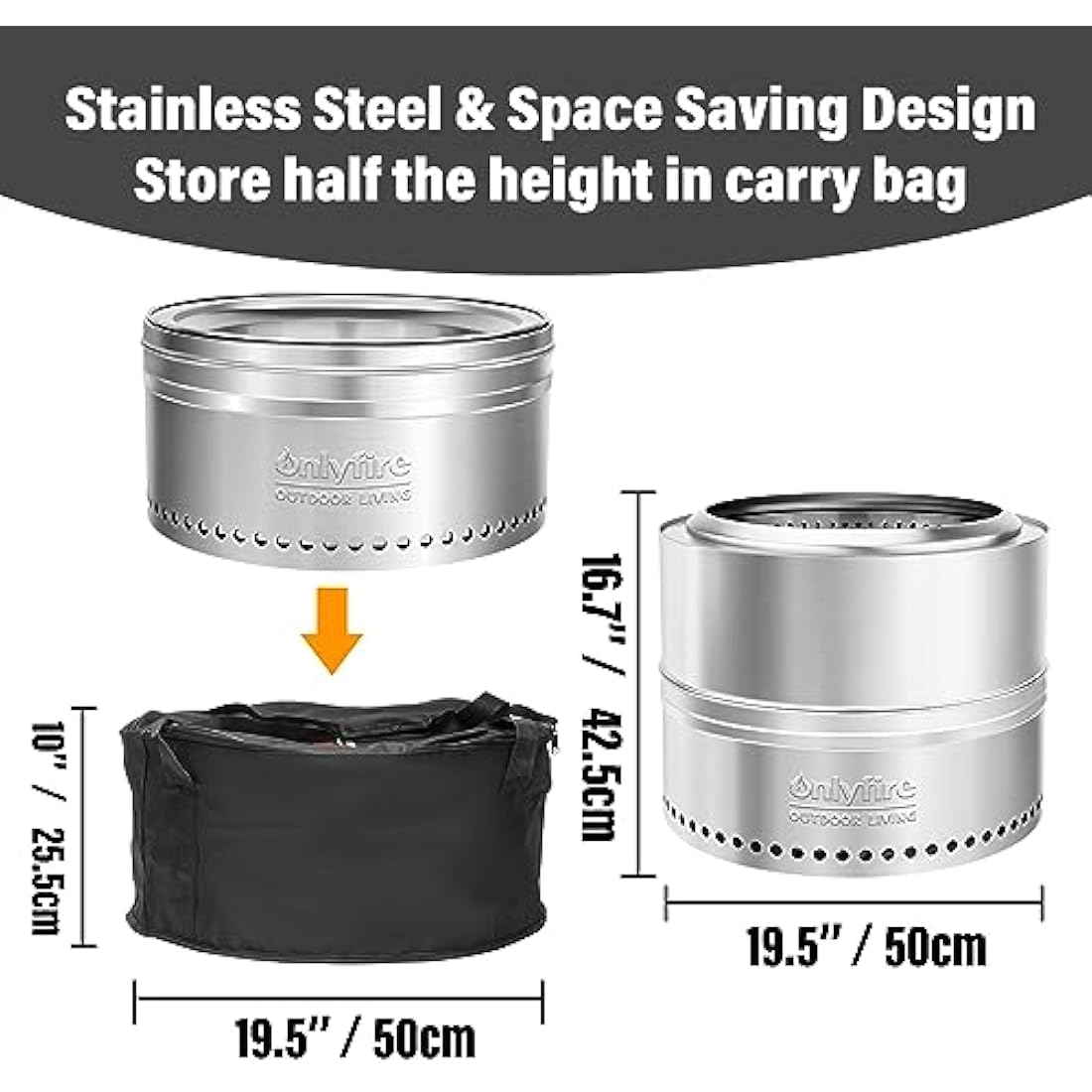 Onlyfire Φ50 cm Smokeless Fire Pit Wood Burning, Stainless Steel Portable Outdoor Bonfire Stove with Carrying Bag for Camping, Tailgating, Patio, Backyard Party and Beach