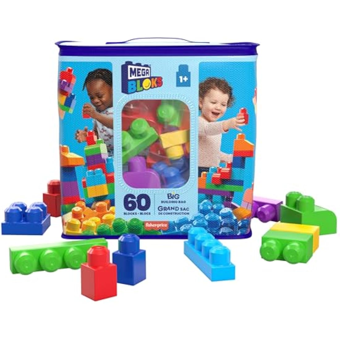 MEGA BLOKS Big Building Bag building set with 60 big and colorful building blocks, and 1 storage bag, toy gift set for ages 1 and up, DCH55