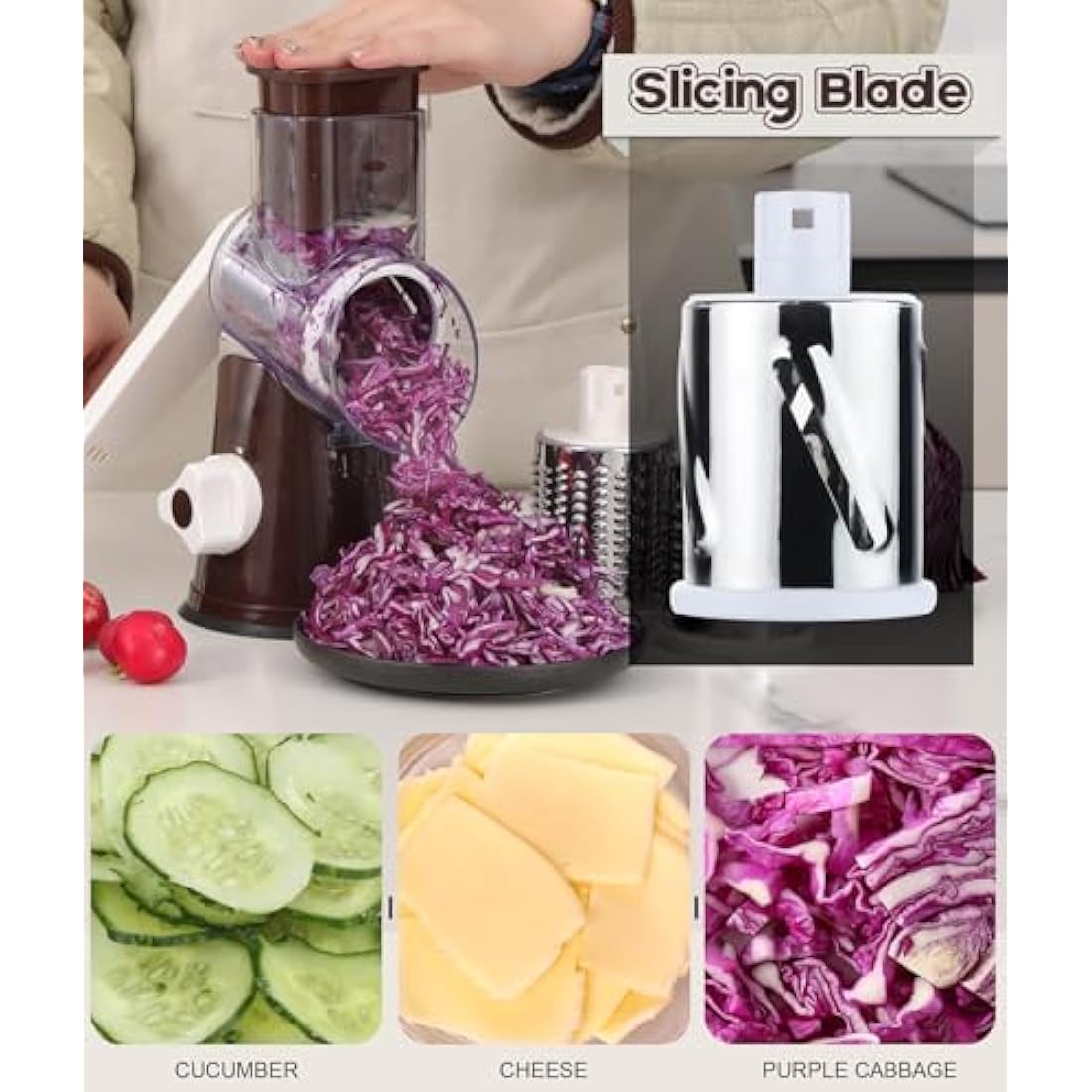 Ourokhome Rotary Cheese Grater Round Mandolin Slicer, Handheld Hashbrown Shredder with 3 Drum Blades, Kitchen Manual Speed Walnut Grinder for Potato, Carrot, Vegetables, Nuts, Zucchini (Coffee)