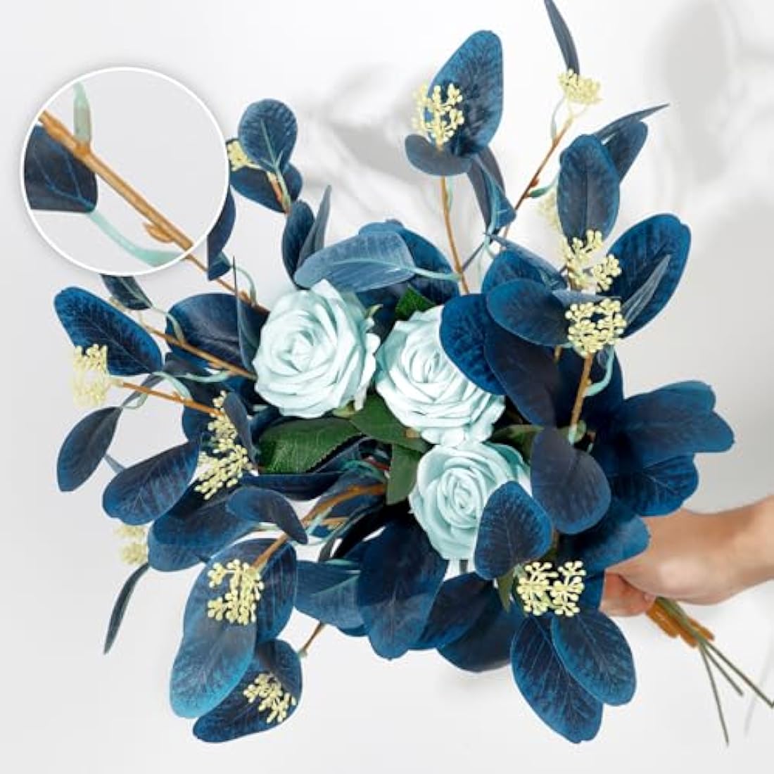 UXORSN 6PCS Artificial Eucalyptus Stems Leaves Blue Faux Eucalyptus Plant Spray Greenery Stem Branches with Seeds Silver Dollar Foliage for Wedding Vase Flower Arrangement Party Decor
