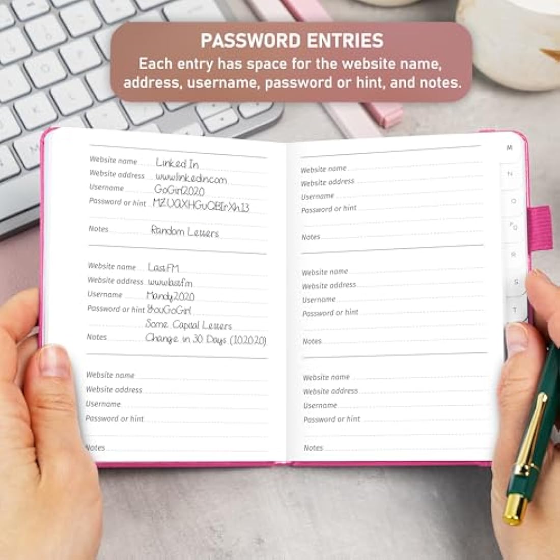 GoGirl Password Book with Alphabetical tabs – Internet Address & Password Keeper Logbook for Password Organization, Journal Notebook for Saving Website Logins. Small Size 11 x 14.5cm - Hot Pink