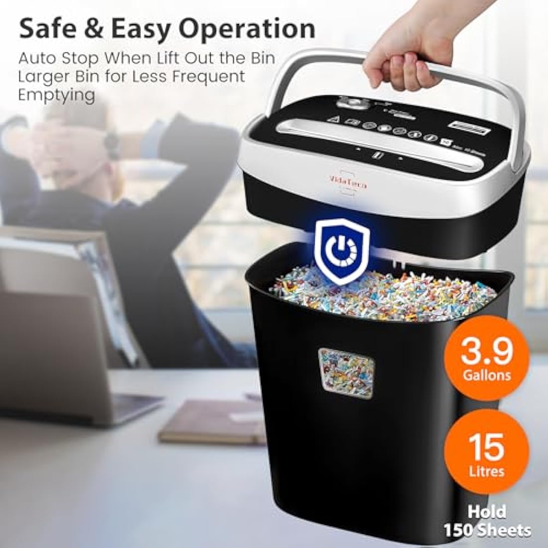 VidaTeco10-Sheet Home Shredder, Cross-Cut Paper Shredder Shreds Paper/Card/Staple/Clip Small Office Shredder Machine, High Security Level P-4 Jam Proof System 15L Liftout Basket