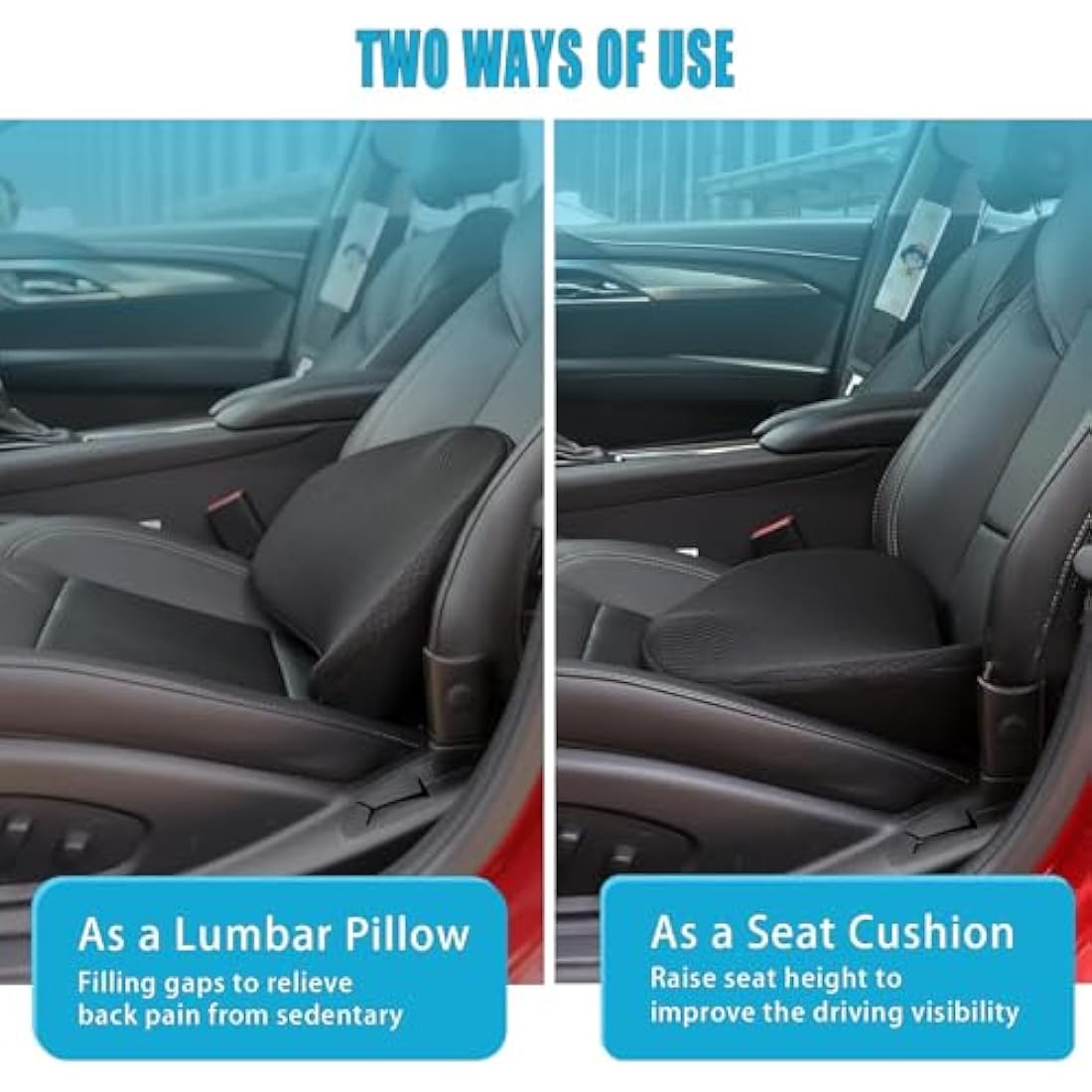 OLYDON Car Seat Cushion for Driving - Comfort Memory Foam for Car Driver Seat- Back Support & Pain Relief - Car Travel Accessories for Long Trips (Black)