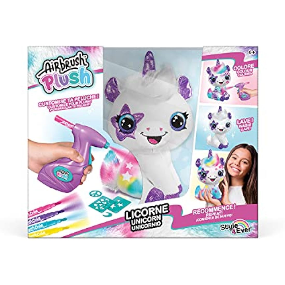 Canal Toys - Unicorn to Customise Airbrush Plush – Soft Toy Spray Art with Felt-Tip Pens and Stencils – 6 Years and Above – OFG 228