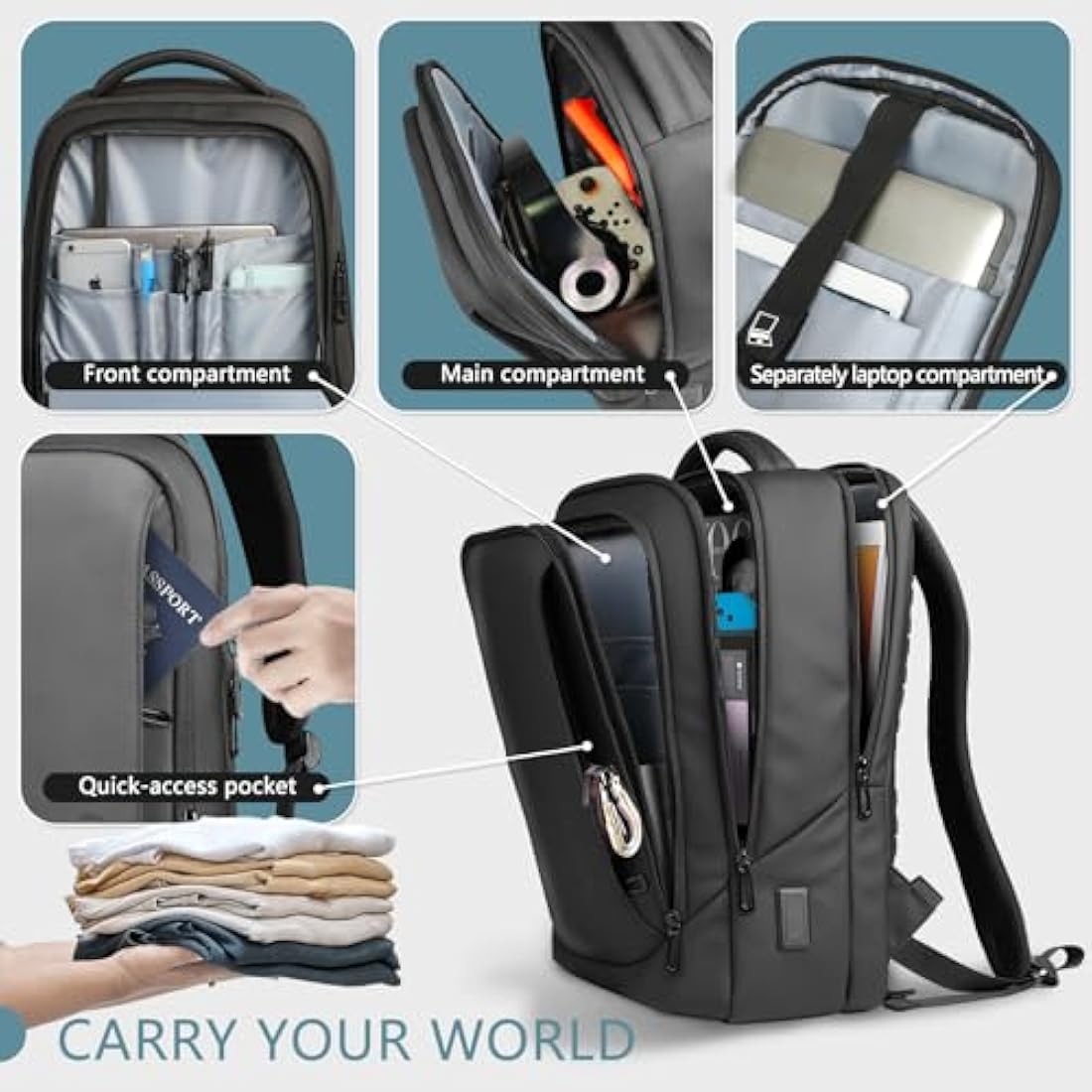 Mens Business Laptop Backpack for 15.6 Inch Large Rucksack with Charging Port Computer Bag Durable Anti-Theft High-Tech Daypack Water-Resistant Casual Daypack for Office College Weekender-Black