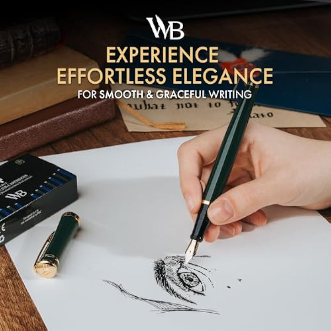 Wordsworth & Black Fountain Pen Set, 18K Gilded Extra Fine Nib, Includes 24 Pack Ink Cartridges, Ink Refill Converter & Gift Box, Gold Finish, Calligraphy, [Racing Green], Perfect for Men & Women