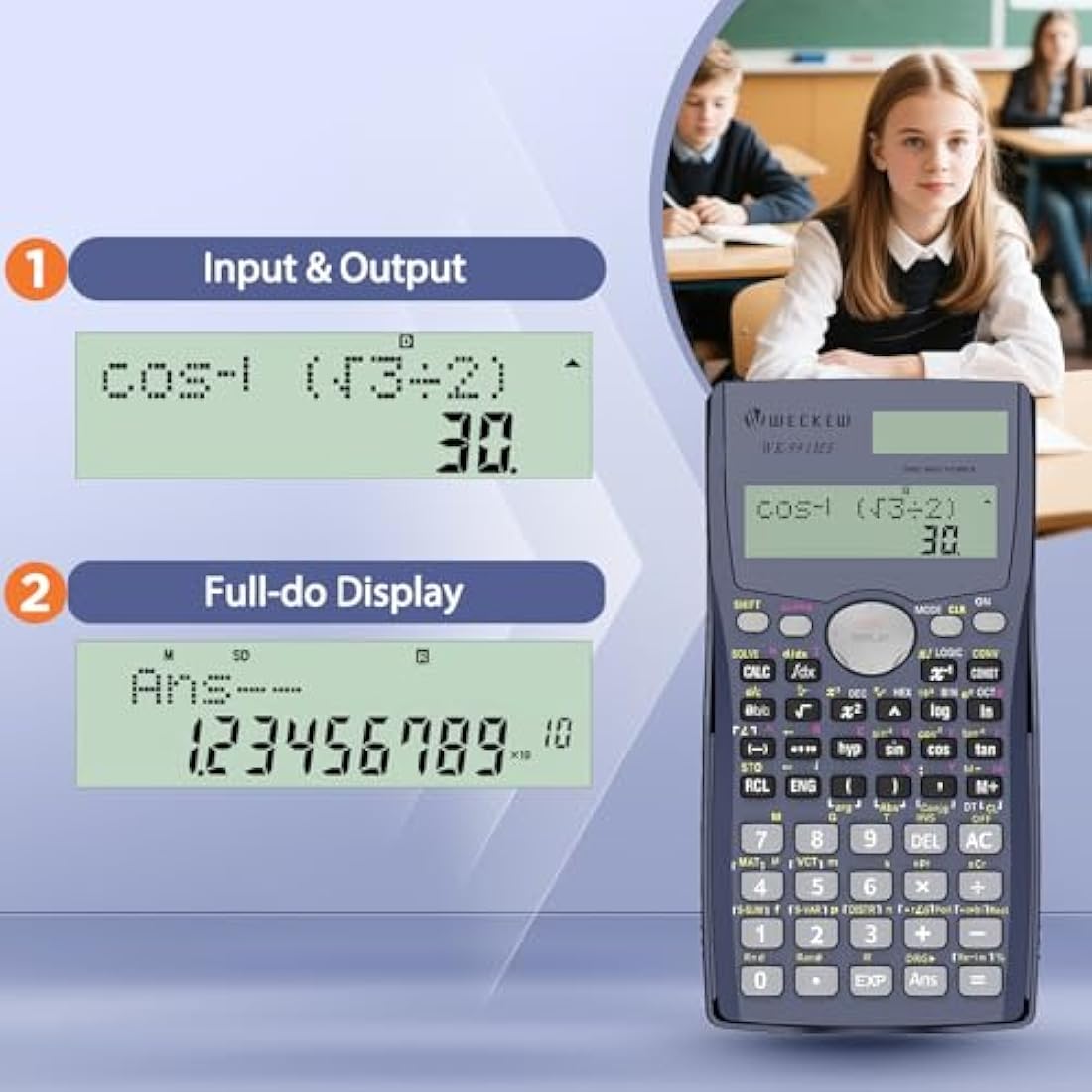 WECKEW Scientific Calculator, Engineering Scientific Calculator with Solar Power. 401 Function, 2-Line LCD Display - Suitable for School Students, Teachers and Business Use，Perfect for GCSE
