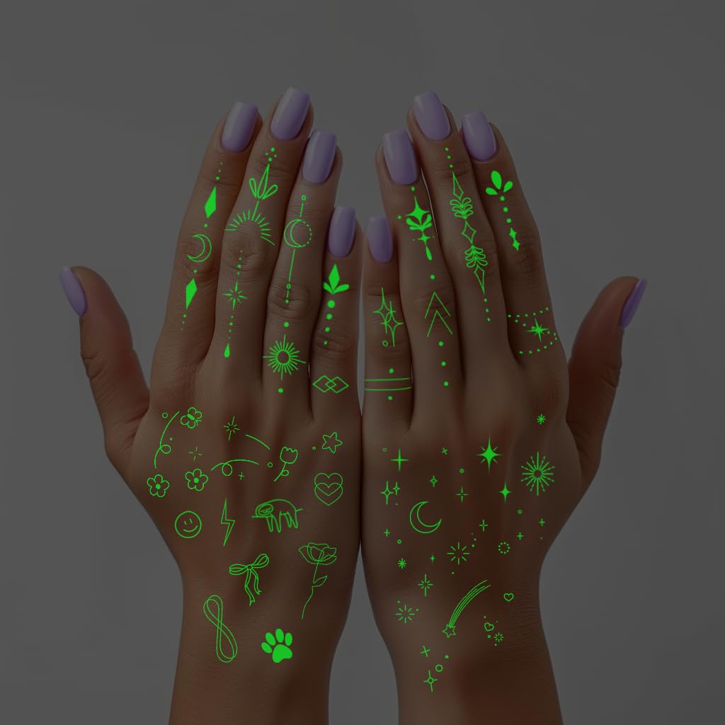Glow-in-the-Dark Temporary Tattoos for Women Luminous Minimalistic Small Finger Tattoos Tiny Boho Decorations Fine Line Art Fake Tattoo Stickers Kit