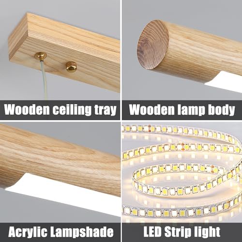 Mikeru 100cm Ash Wood Round Pendant Light, Dining Table Lights 3000K/4500K/6500K Wood Linear Pendant Light LED Dimmable 10% to 100% Modern Island Lighting for Office, Kitchen