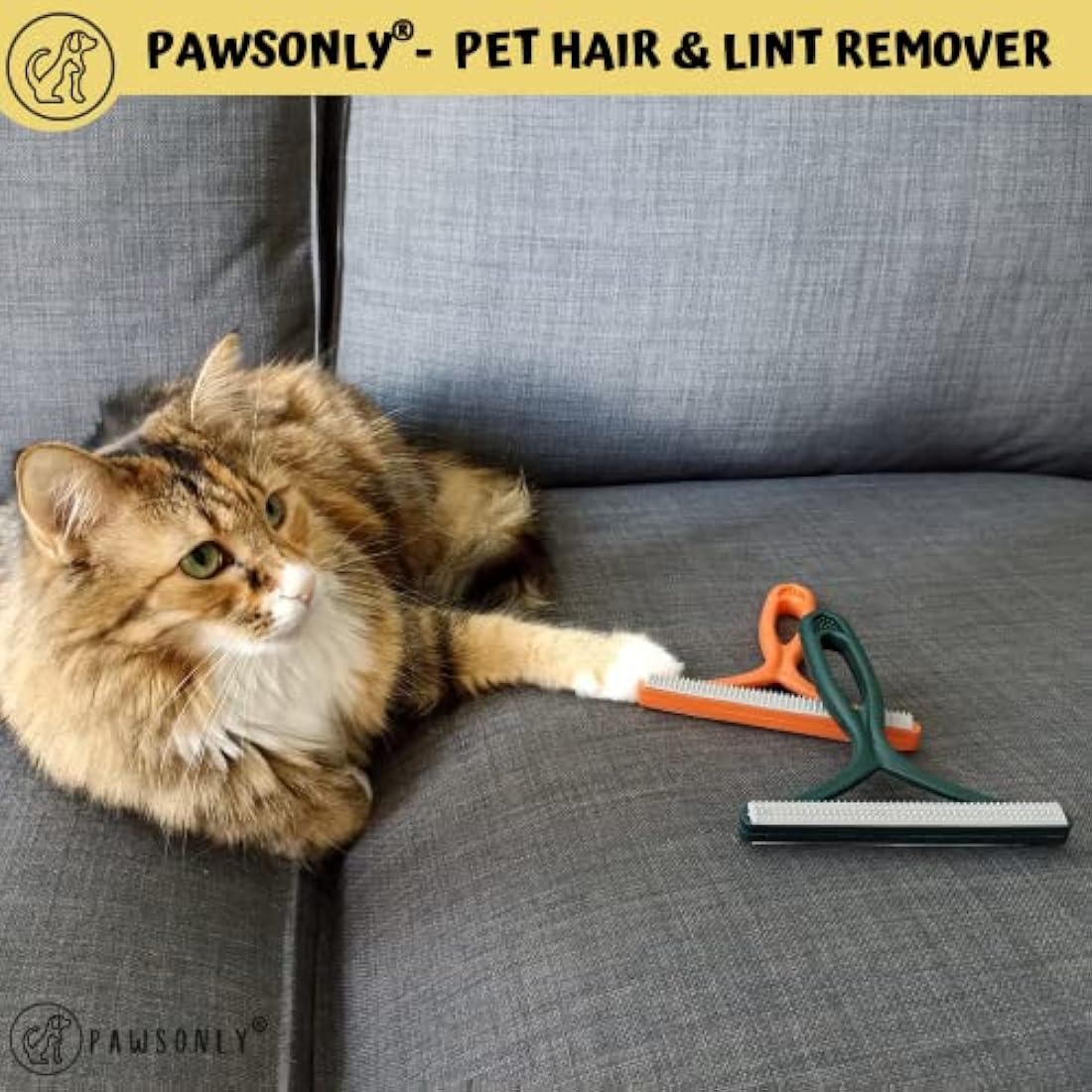 PawsOnly | Pet Hair Remover for Carpet, Furniture, Car, Sofa, Stairs, Clothes | Dog & Cat Fur Scraper Tool | Double Sided Plastic Brush | Reusable & Portable | Handheld Fluff Rake (Orange + Green)