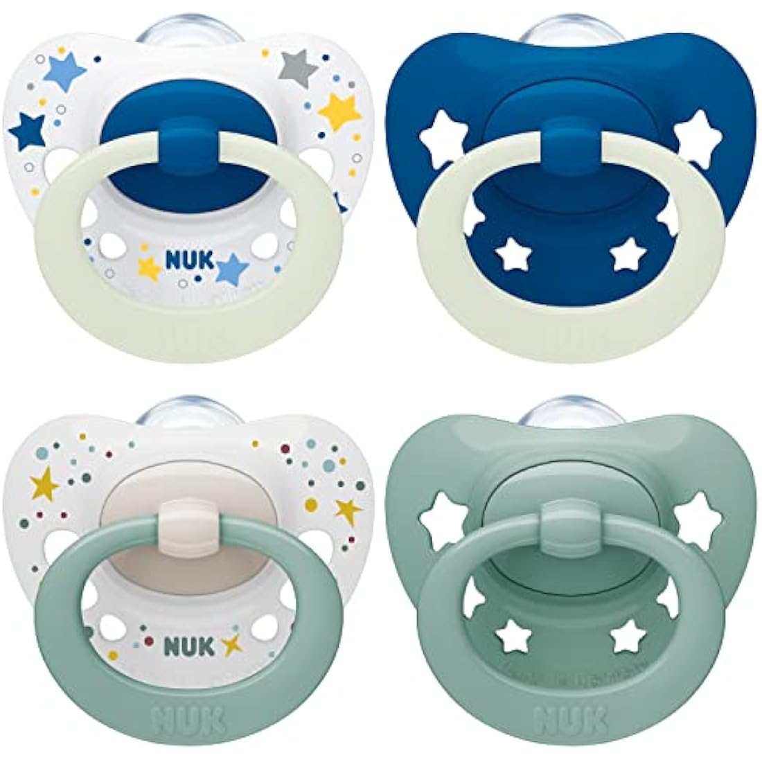 NUK Signature Day & Night Baby Dummy | 0-6 months | Soothes 95% of Babies | Heart-Shaped BPA-Free Silicone Soothers | Glow-in-the-Dark | Stars | 4 Count