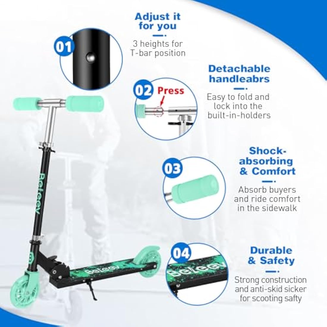 BELEEV V1 Scooter for Kids, 2 Wheels Folding Kick Scooter for Children Girl and Boys, 3 Adjustable Height, Flashing Light up Wheels, Lightweight Scooter with Sturdy Frame, Kickstand, Age 3-12