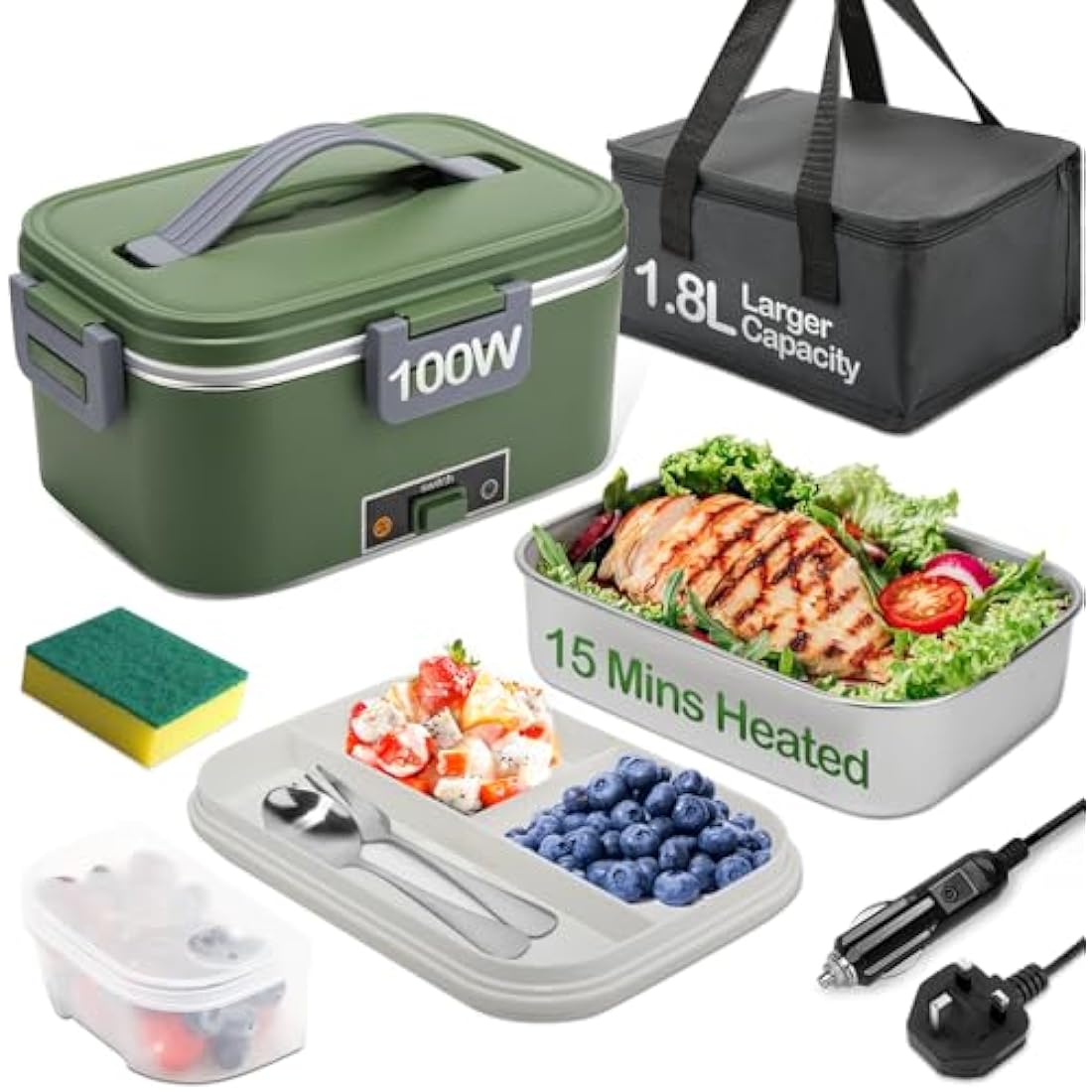 BYbrutek Electric Lunch Box 100W, 1.8L Removable Stainless Steel, 3-in-1 Portable Heated Lunch Box, 12V/24V/220V Insulated Heat Box for Car/Truck/Office/Home, with Insulated Bag and Sponge (Green)