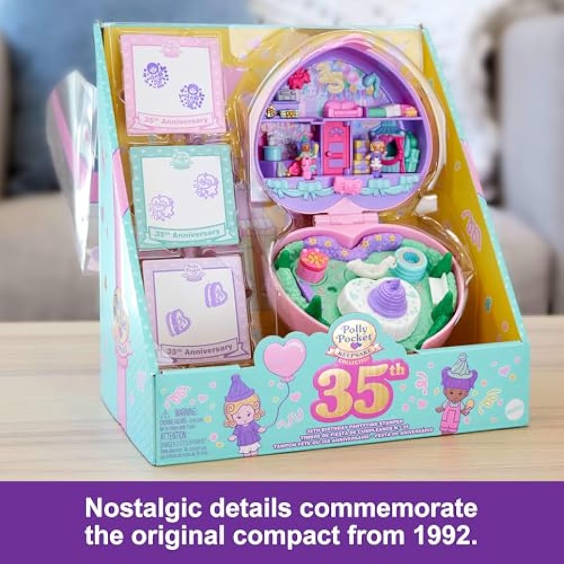 Polly Pocket Dolls and Playset, Collector Heritage Compact, 35th Birthday Partytime Stamper with 2 Dolls, 3 Party Stamps, and 12 Stationary Cards, HWP20