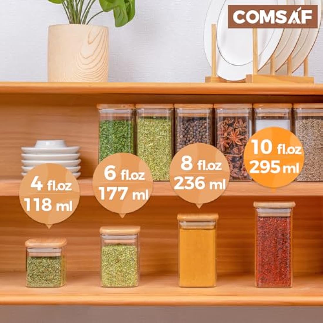 ComSaf 16Pcs Glass Spice Jars with Bamboo Lid, 10oz/300ml Airtight Square Containers with 275 Black Lables, Empty Seasoning Jars for Spice Salt Sugar