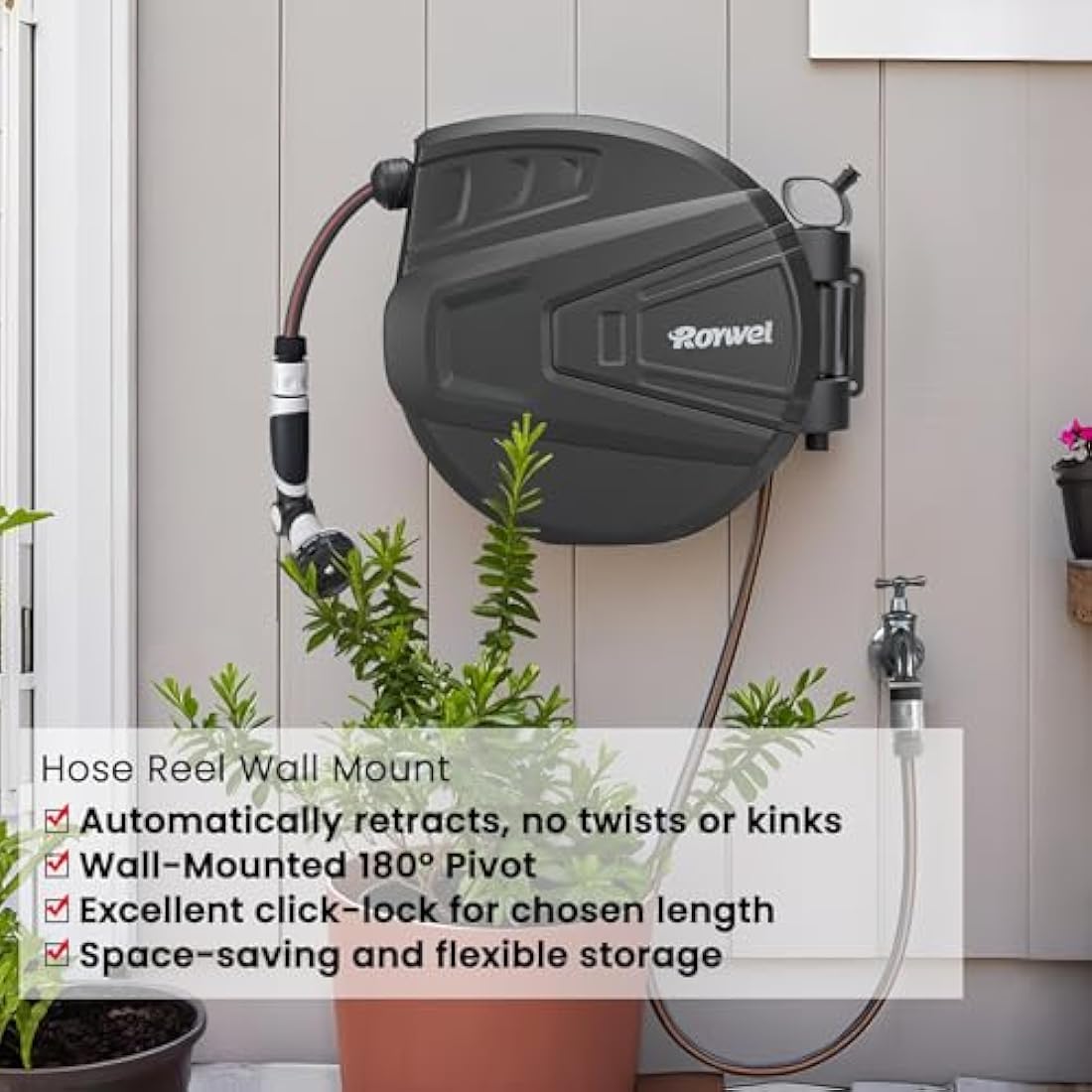 Roywel Auto Reel Garden Hose 30M，Hose Reel Wall Mounted，Auto Rewind, Self-Locking System,180° Pivotal with Multifunction Spray Nozzle