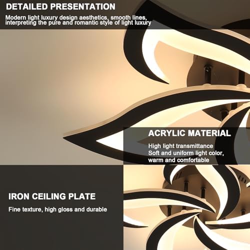 Comely Modern LED Ceiling Light, 60cm 60W 6750LM LED Chandelier, Modern Flower Acrylic Lamp for Bedroom, Living Room, Warm White Light 3000K, Black