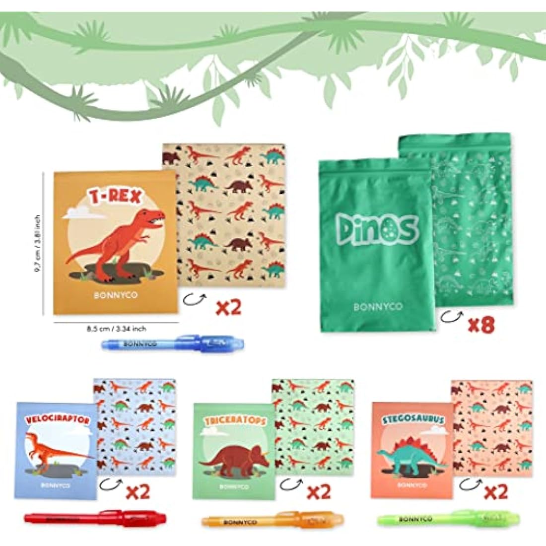 BONNYCO Invisible Ink Pen and Notebook, Pack 8 Dinos Party Bags Filler & Pinata Toys | Dinos Birthday Decorations | Stocking Fillers for Kids Birthday | School Prizes & Gifts for Children