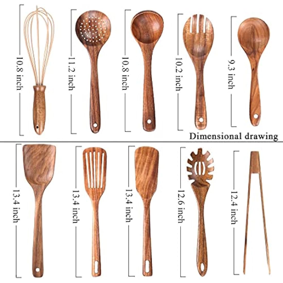 Teak Wood Utensils - Nonstick Wooden Kitchen Set with Spatula and Ladle (10)